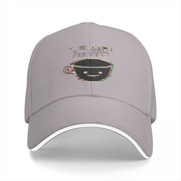 Black baseball cap with glitch coffee cup and 'I Glitch About Coffee' text