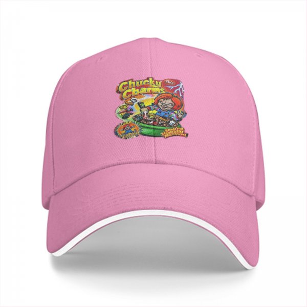 Black baseball cap with Chucky Charms horror cereal graphic