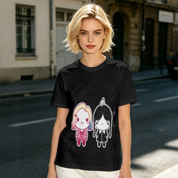 Olive T-Shirt with Chibi Wednesday Addams and Enid Sinclair Print