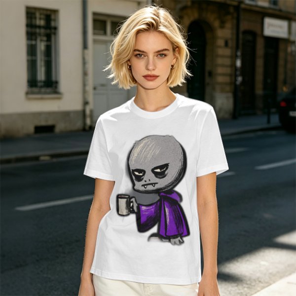 Olive T-Shirt With Grumpy Vampire Holding Coffee Mug Print