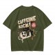 Olive graphic tee with caffeine kick cartoon coffee cup design