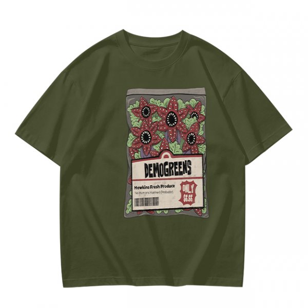 Olive Green T-Shirt With Demogorgon Vegetable Packet Print