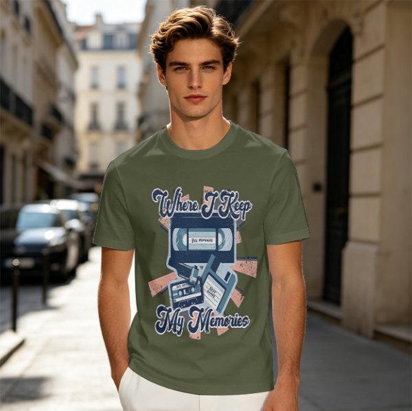 Olive Retro T-Shirt With Vintage Media Print 'Where I Keep My Memories'