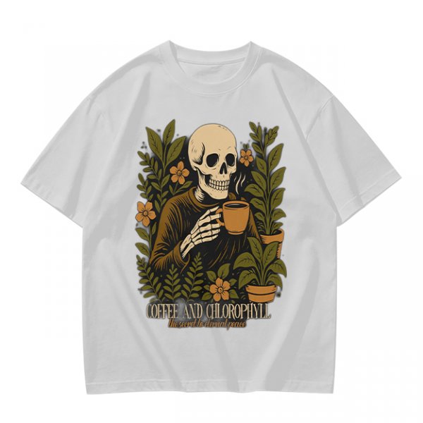Skeleton with Coffee and Plants T-Shirt Graphic