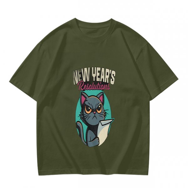 Olive green graphic t-shirt with grumpy cat holding New Year's resolutions