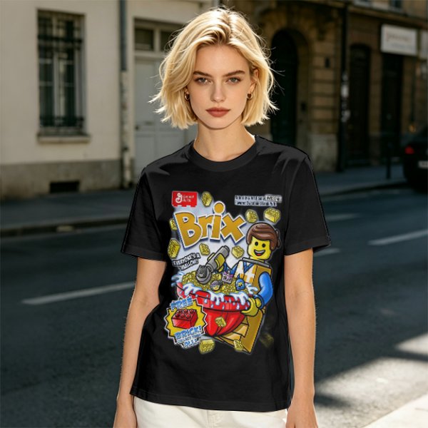 Olive t-shirt with Lego-style Brix cereal graphic print