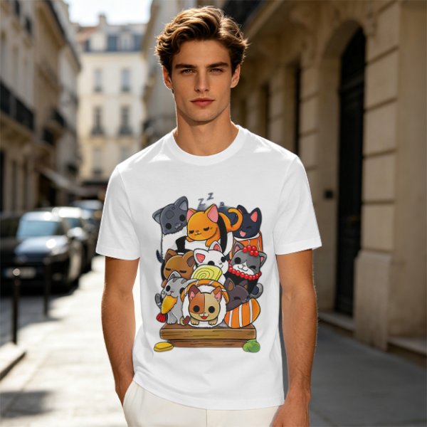 Olive T-Shirt With Cute Sushi Cat Stack Graphic Print