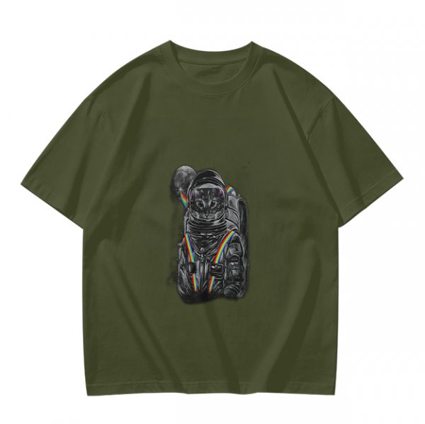 Olive T-Shirt With Astronaut Cat And Rainbow Accent Print