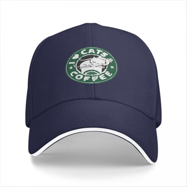 Black baseball cap with I Love Cats & Coffee graphic print