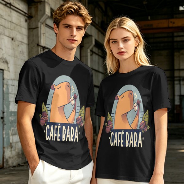 Olive t-shirt with capybara drinking coffee graphic