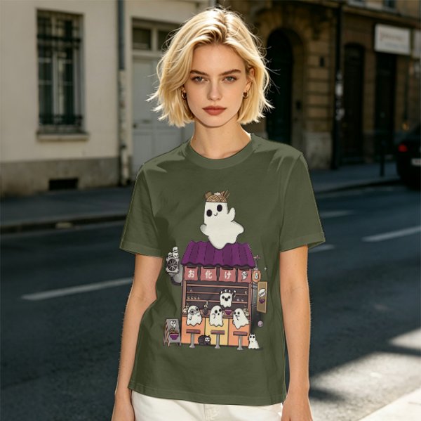 Olive T-Shirt With Ghost Ramen Shop Graphic