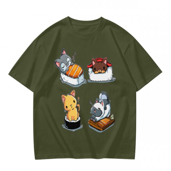 Olive T-shirt with cute cat sushi illustrations