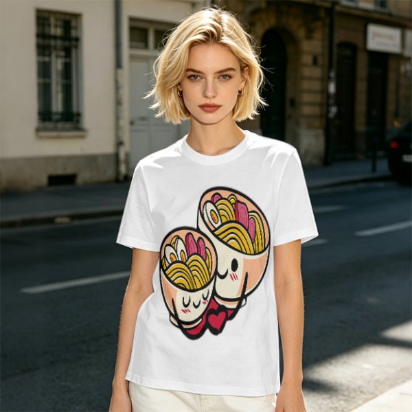 Olive T-Shirt With Cute Hugging Ramen Bowl Couple Print