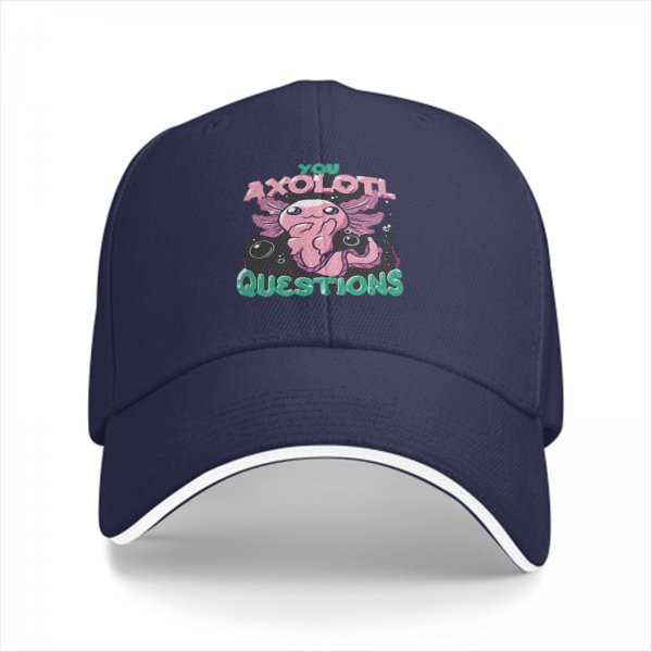 Black baseball cap with 'You Axolotl Questions' cute axolotl graphic