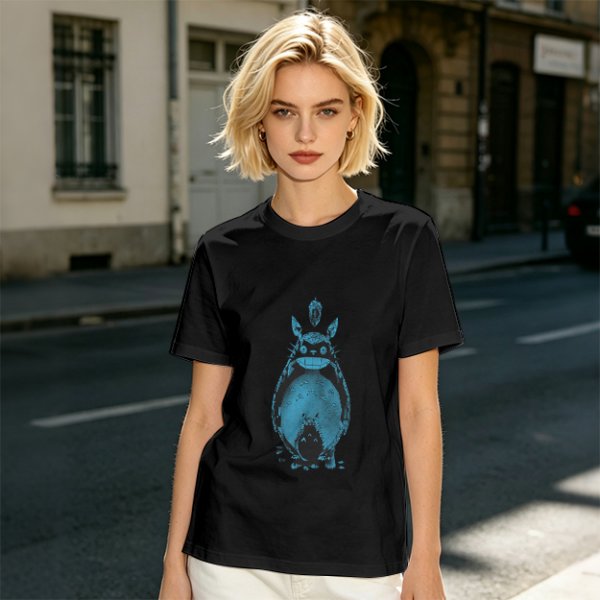 Olive Green T-Shirt With Blue Totoro Inspired Graphic Print