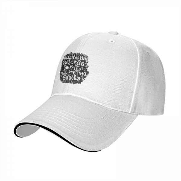 Black baseball cap with 'I'm manifesting snacks' text print