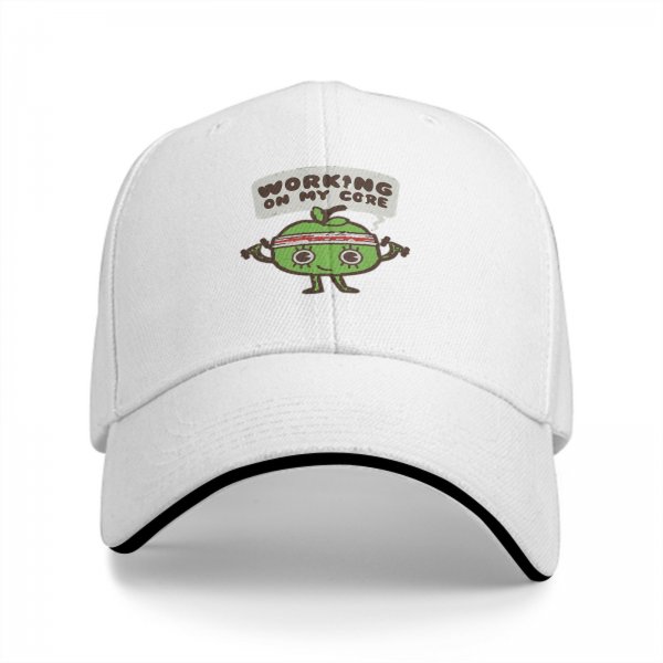Black baseball cap with 'Working On My Core' fitness apple graphic