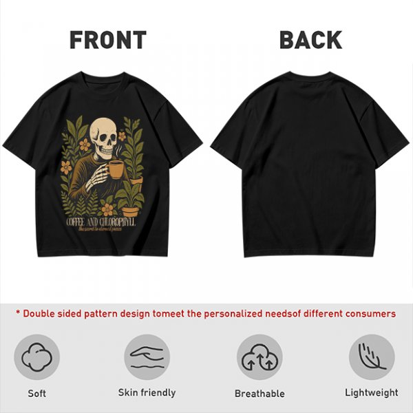 Skeleton with Coffee and Plants T-Shirt Graphic