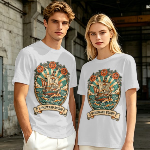 Olive T-shirt with Pirate Ship Homeward Bound Tattoo Style Print