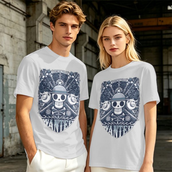Olive T-shirt with Straw Hat Pirates Wanted Pirate Emblem Print