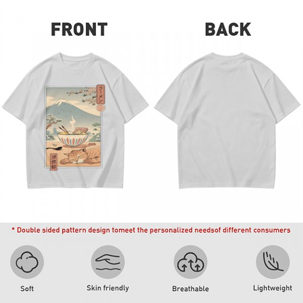 Olive t-shirt with ukiyo-e style ramen cat and Mount Fuji print
