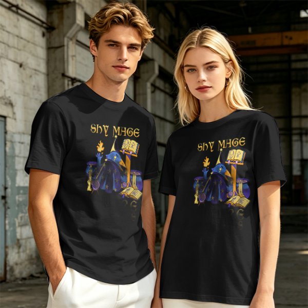 Olive T-Shirt with Shy Mage Wizard and Magical Artwork Print