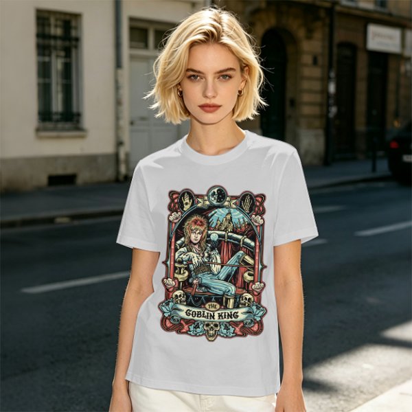 Olive green t-shirt featuring The Goblin King tarot-style artwork