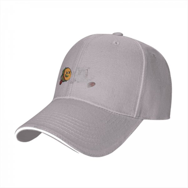 Black baseball cap with a cartoon flying burger graphic