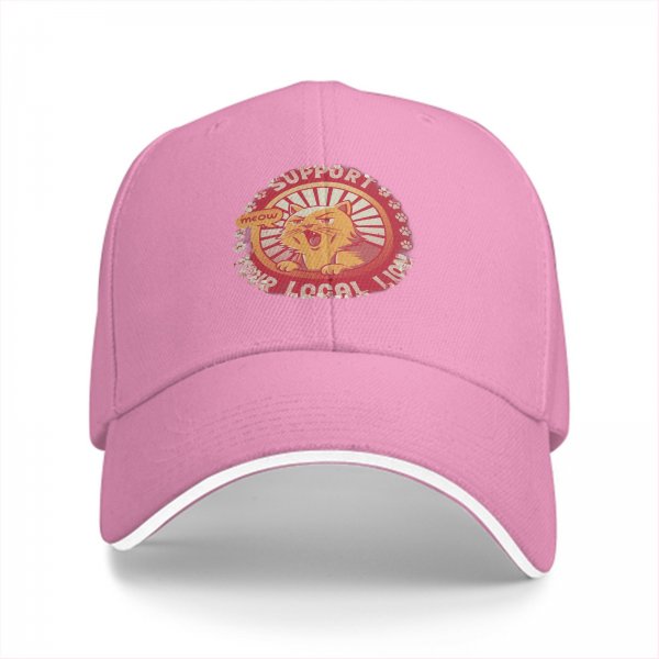 Black baseball cap with 'Support Your Local Lion' cat graphic