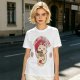 Olive green t-shirt with a cartoon cat eating instant ramen