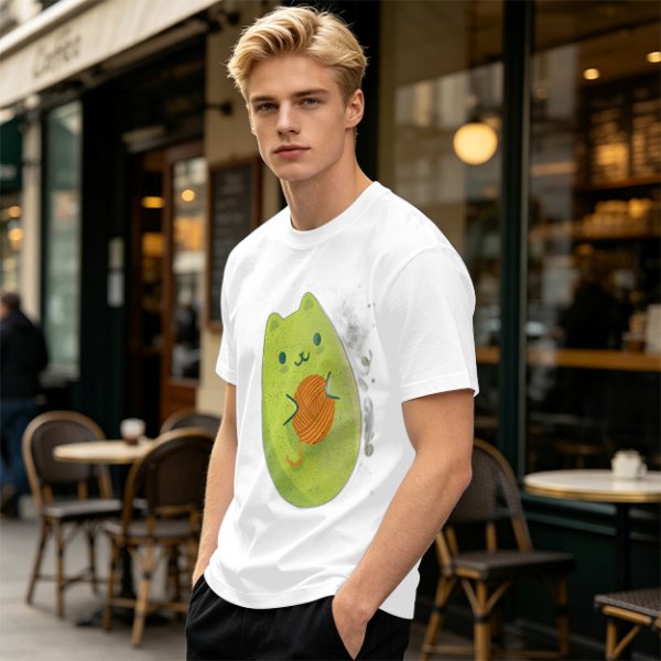 Olive Green T-Shirt With Cute Avocado Cat Holding Yarn Ball Print