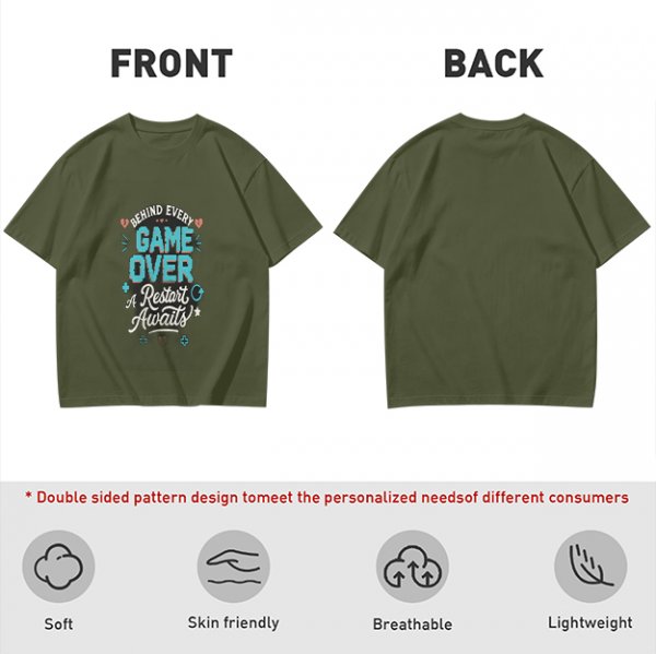 Olive t-shirt with 'Behind Every Game Over A Restart Awaits' gaming print