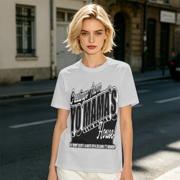 Olive green graphic t-shirt with 'Greetings from Yo Mama's House' print