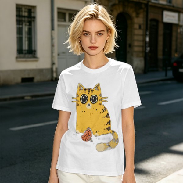 Olive T-Shirt With Cute Surprised Orange Tabby Cat Holding Meat Print