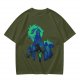 Olive Green Anime Graphic T-Shirt with Spiky Character Art