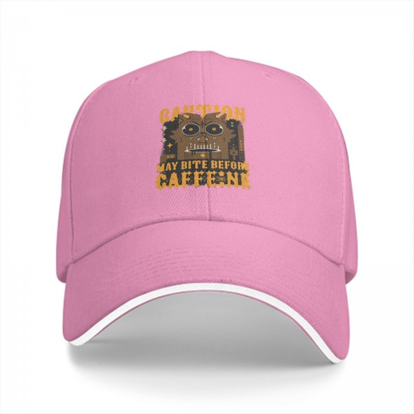 Black baseball cap with 'Caution May Bite Before Caffeine' graphic