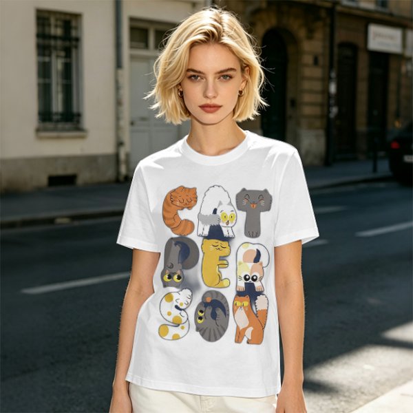 Olive T-Shirt With Cute Cat Letter Graphic Design