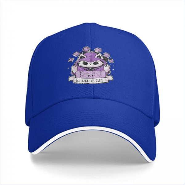 Black baseball cap with purple wizard cat and dice graphic