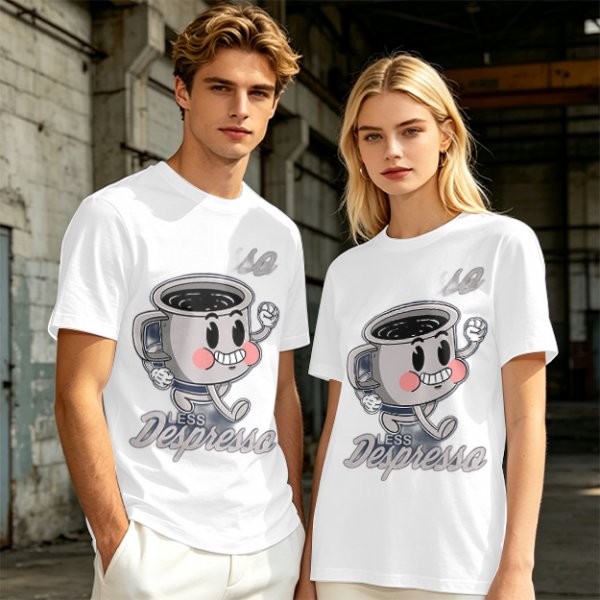 Olive green t-shirt with running espresso cup graphic and 'Less Despresso' text