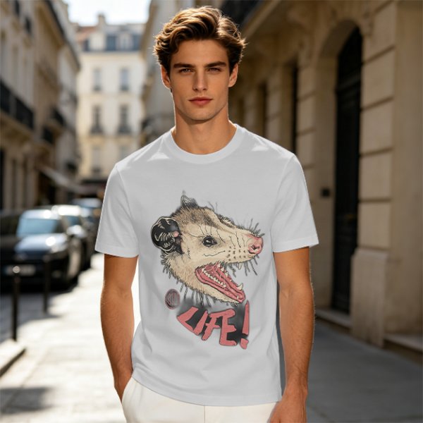Olive T-Shirt With Aggressive Opossum 'LIFE!' Graphic Print