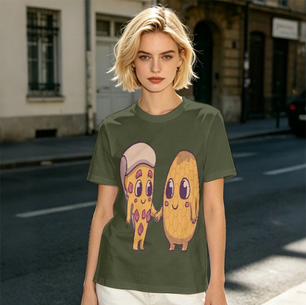 Olive Green T-Shirt With Cute Pizza And Corn Holding Hands Art
