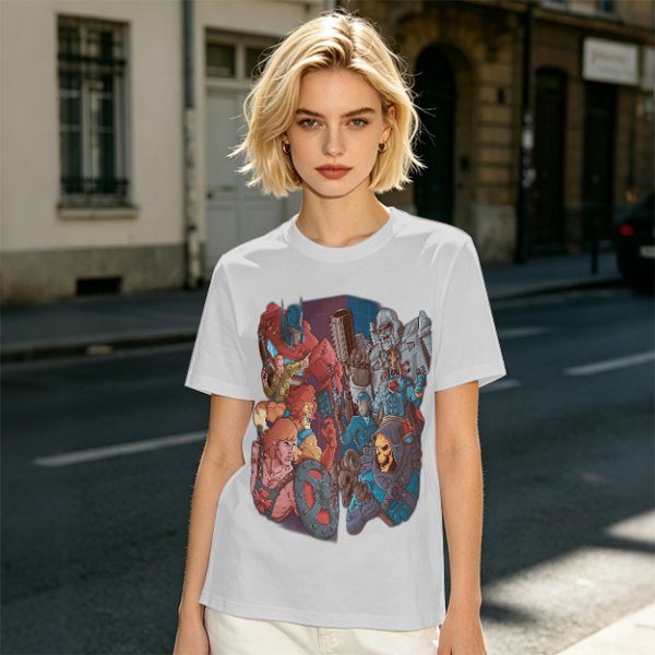 Olive T-shirt with 80s cartoon character crossover graphic