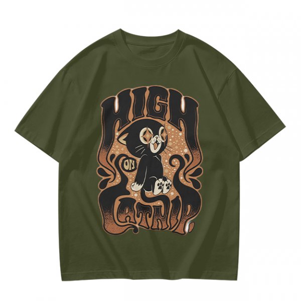 Olive green graphic t-shirt with a high on catip black cat print
