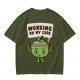 Olive green t-shirt with cartoon apple lifting dumbbells and 'Working on my core' text
