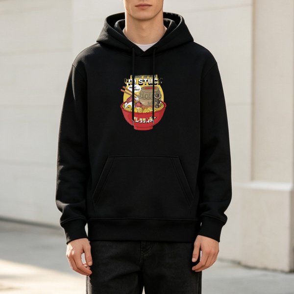 Black Hoodie With Ramen Bowl And 'I'm Stuck' Graphic Print