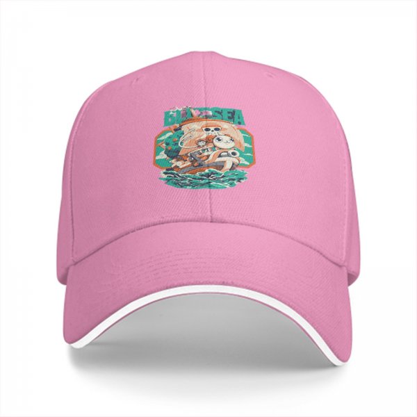Black Baseball Cap with Blue Sea Pirate Ship Graphic Print