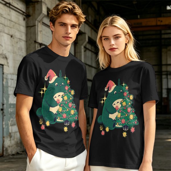 Olive Green T-Shirt With Christmas Totoro Decorating Tree Print