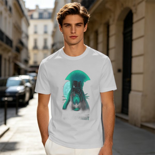 Olive T-Shirt With Glowing Teal Mushroom Creature And Moon Print