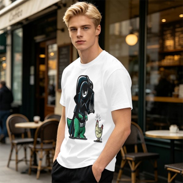 Olive T-shirt with cartoon dinosaur in Darth Vader helmet and chicken print