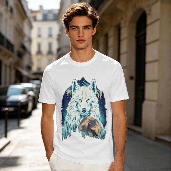 Olive T-Shirt With White Wolf And Howling Wolf Moon Graphic
